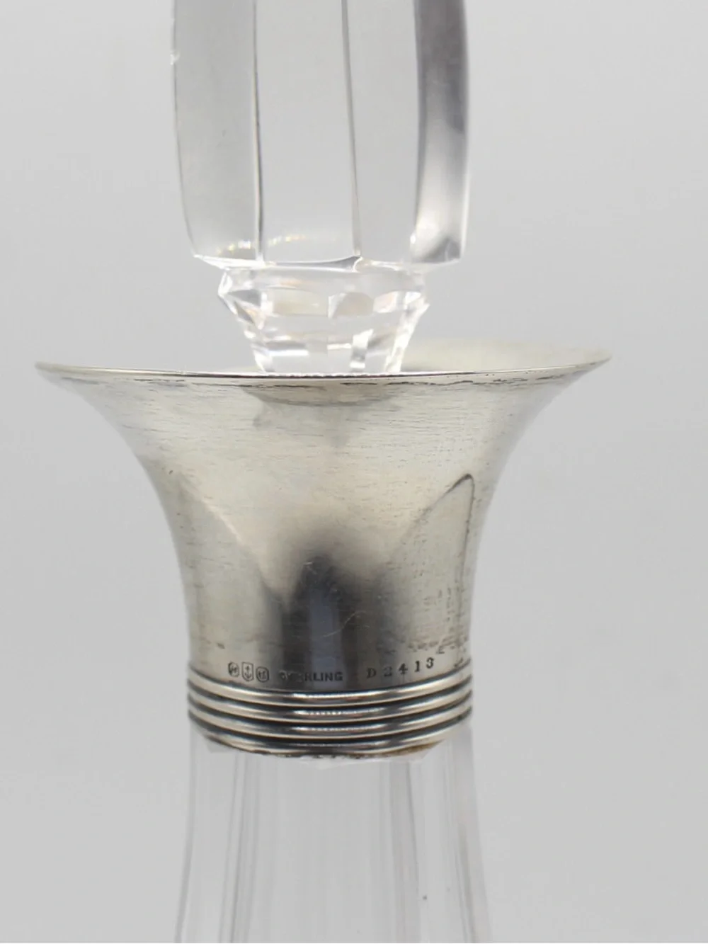 Antique Etched Crystal Decanter with Sterling Silver Collar